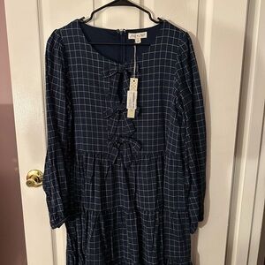 She+Sky Boutique Large Navy Checkered Long Sleeve Dress With Bow Accents NWT